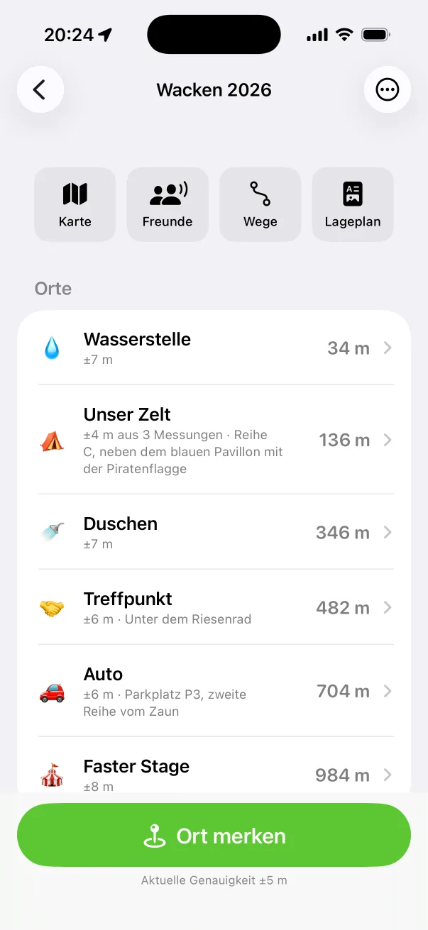 Karte „Wacken 2026“ mit gemerkten Orten wie Wasserstelle, Zelt, Duschen, Treffpunkt, Auto und Bühne, jeweils mit Entfernung.