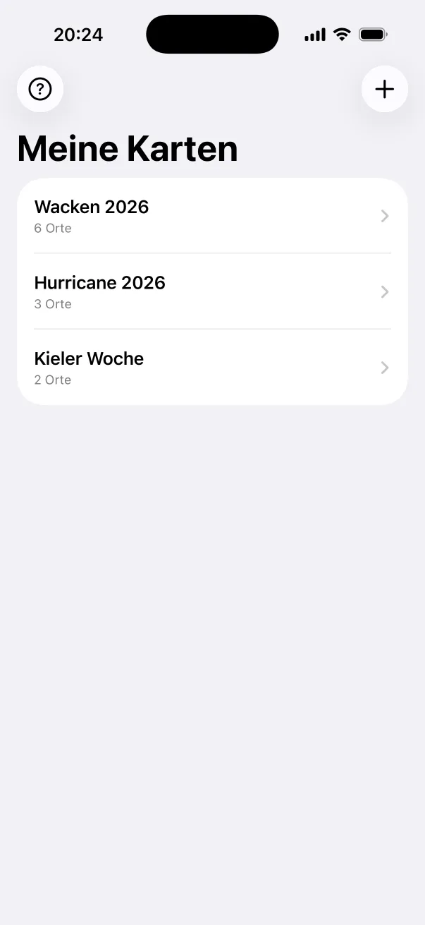 Übersicht „Meine Karten“ mit Wacken 2026, Hurricane 2026 und Kieler Woche.