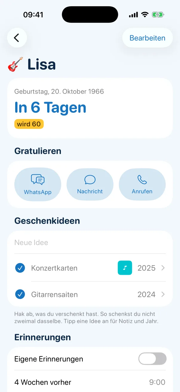 Seite von Lisa: Geburtstag am 20. Oktober 1966, in 6 Tagen, wird 60. Darunter Knöpfe für WhatsApp, Nachricht und Anruf und die Geschenkideen Konzertkarten und Gitarrensaiten.