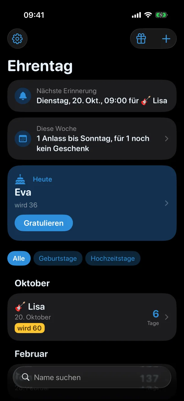 Dieselbe Liste im dunklen Erscheinungsbild.