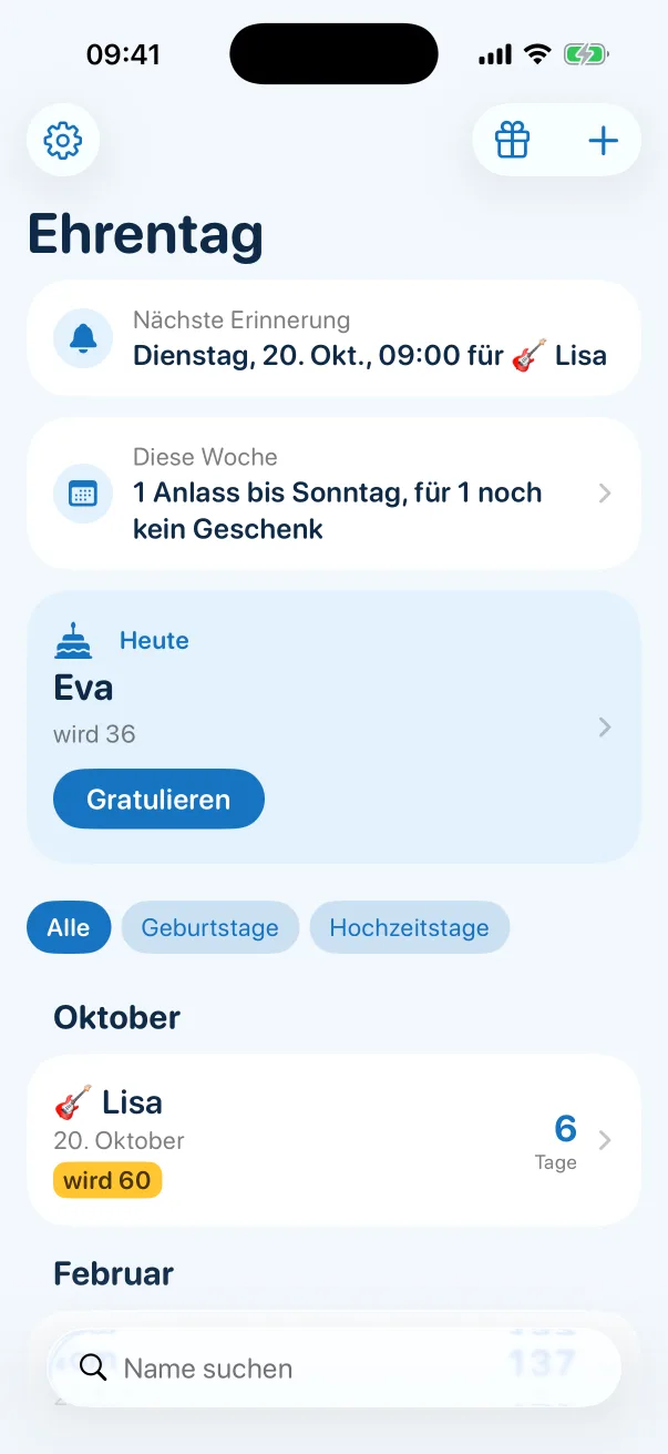 Liste von Ehrentag: oben die nächste Erinnerung am Dienstag, 20. Oktober, um 9 Uhr für Lisa, darunter „Diese Woche“, heute Evas Geburtstag mit dem Knopf „Gratulieren“ und Lisa, die in 6 Tagen 60 wird.