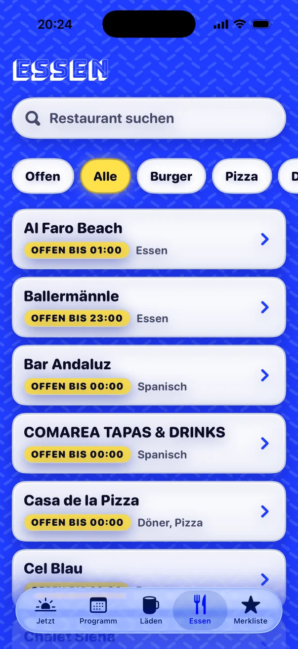 Restaurants mit Öffnungszeit und Küche, gefiltert nach Burger, Pizza und mehr.