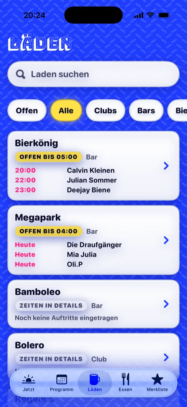 Liste der Läden mit Öffnungszeiten, etwa Bierkönig offen bis 5 Uhr mit drei Auftritten.