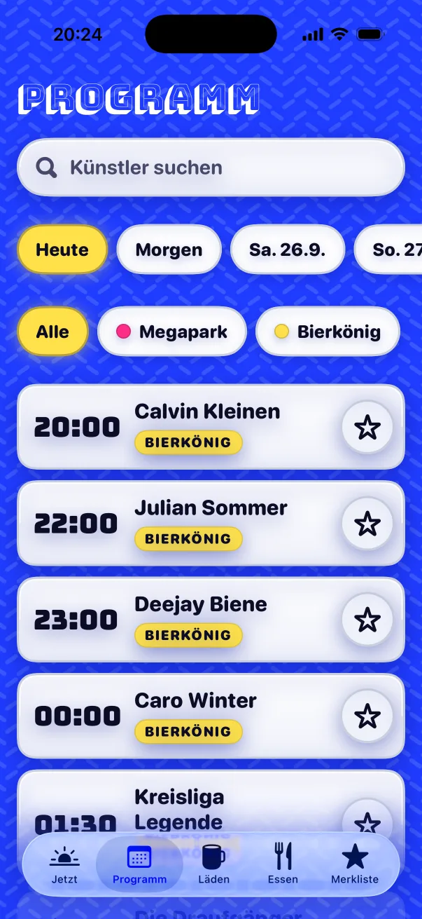 Programm mit Künstlersuche, Tagesauswahl und Filter nach Megapark oder Bierkönig.
