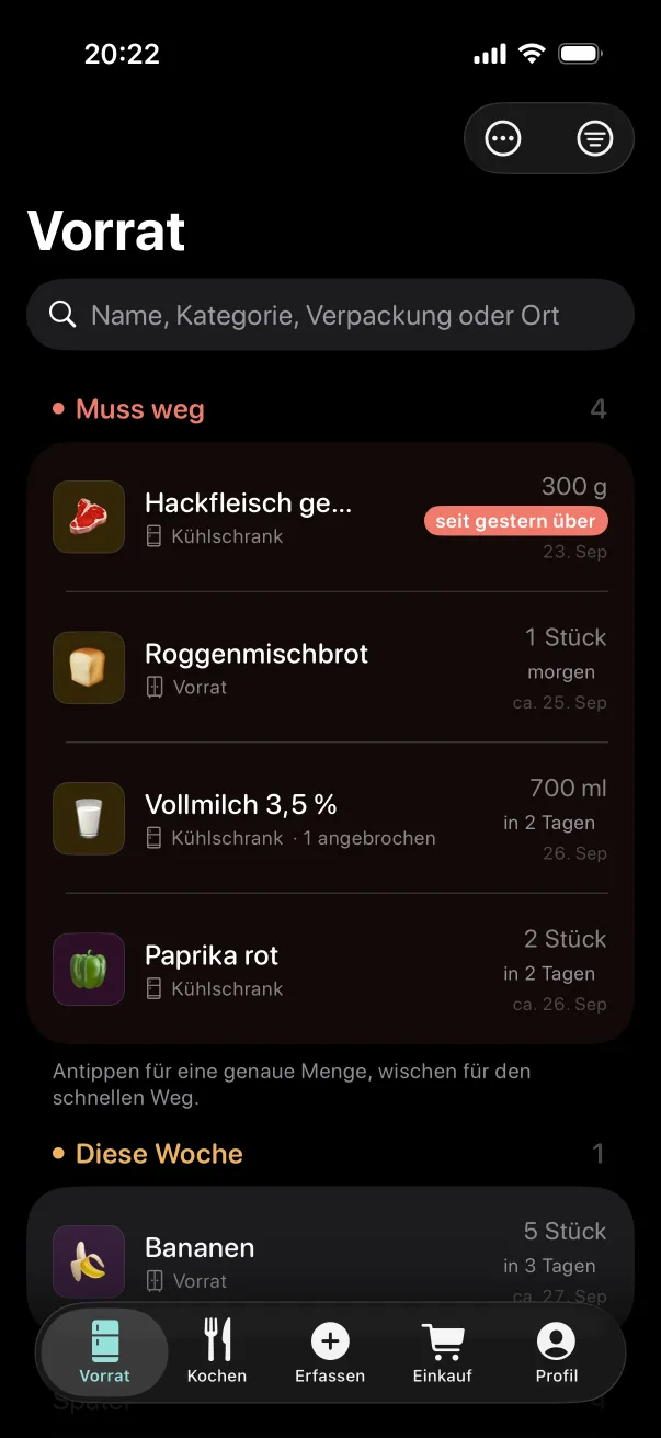 Dieselbe Vorratsliste im dunklen Erscheinungsbild.