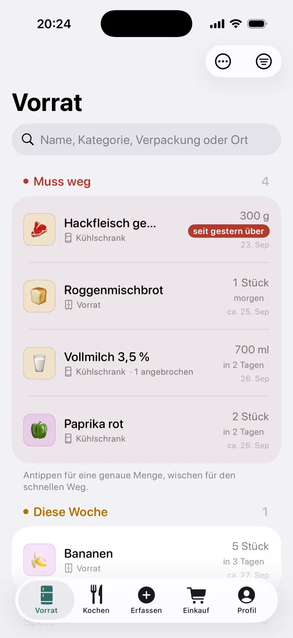 Vorratsliste mit dem Abschnitt „Muss weg“: Hackfleisch seit gestern über, Brot bis morgen, Milch und Paprika in zwei Tagen.
